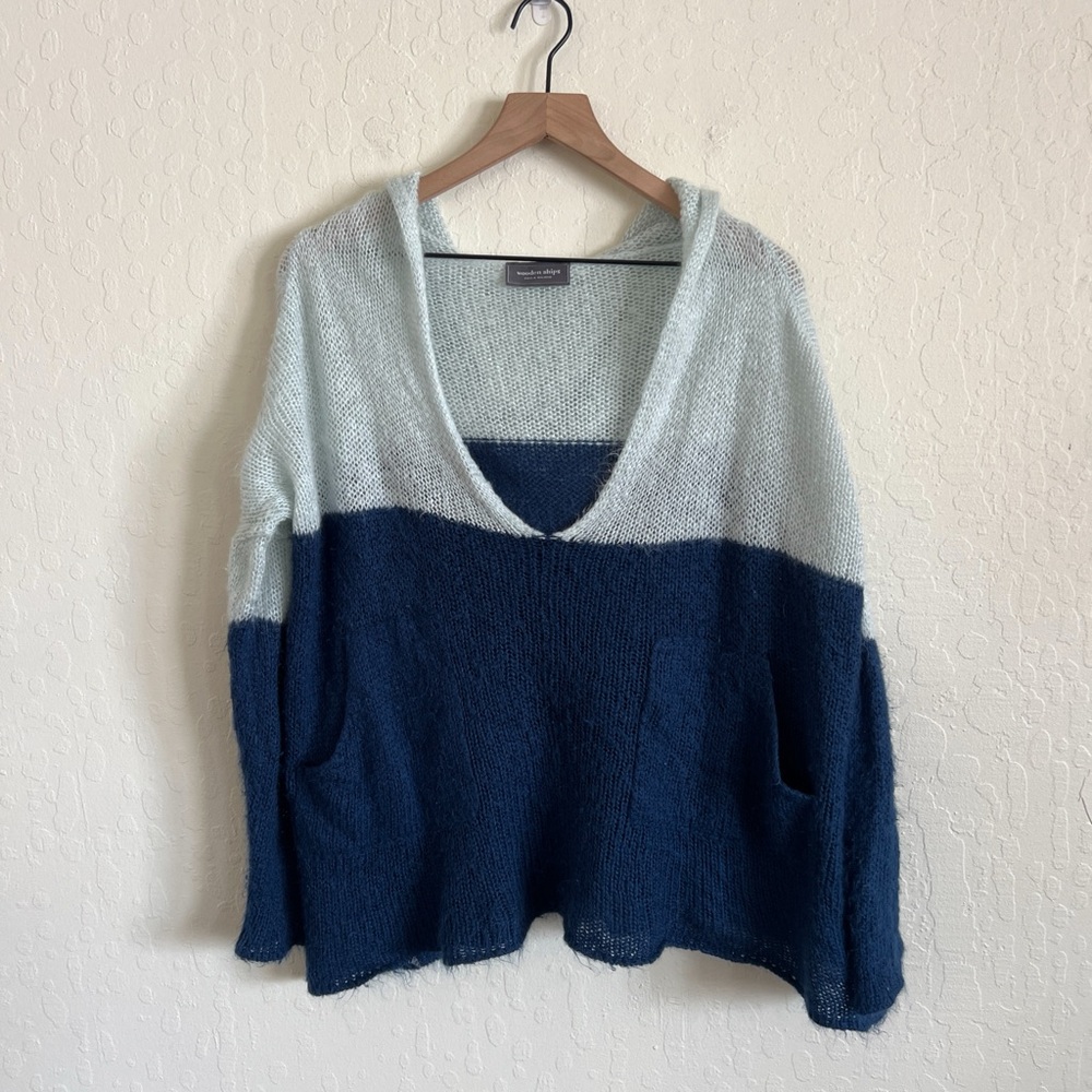 Wooden Ships Open Knit V-Neck Hoodie Sweater Small /Medium Blue Colorblock Boho